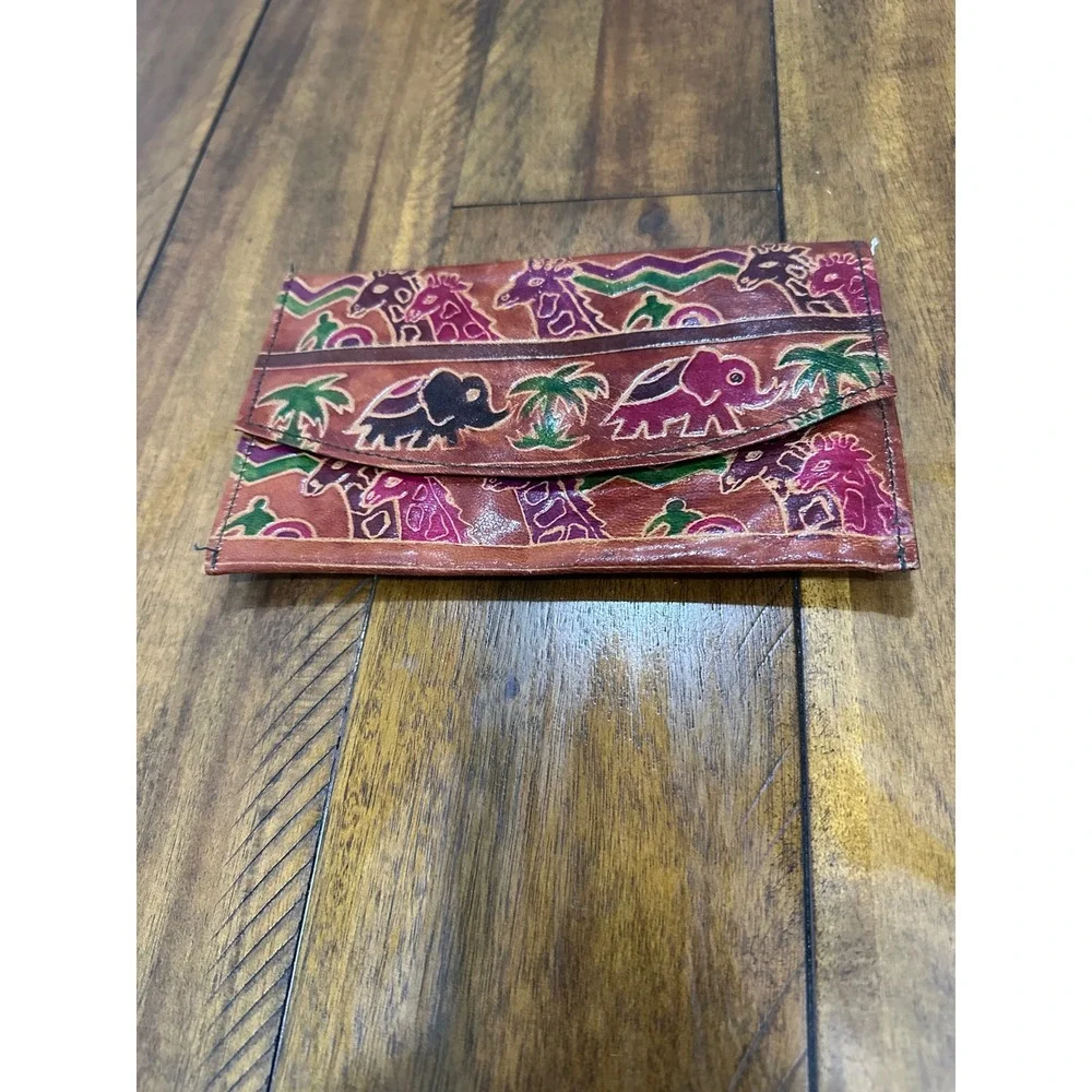 Unbranded Hand Painted Leather Animal Clutch Wallet Elephant Giraffe India Boho